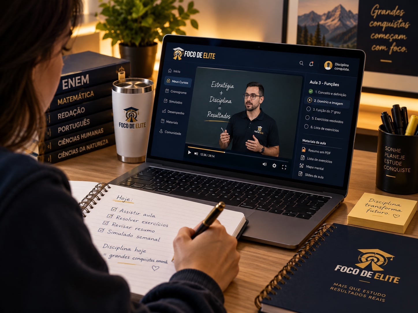 Estudante acompanhando uma aula na plataforma Foco de Elite